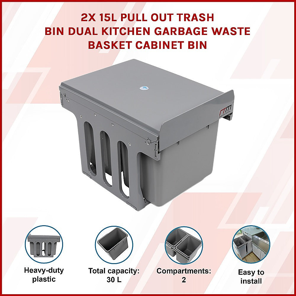2X 15L Pull Out Trash Bin - Dual Kitchen Garbage Waste Cabinet