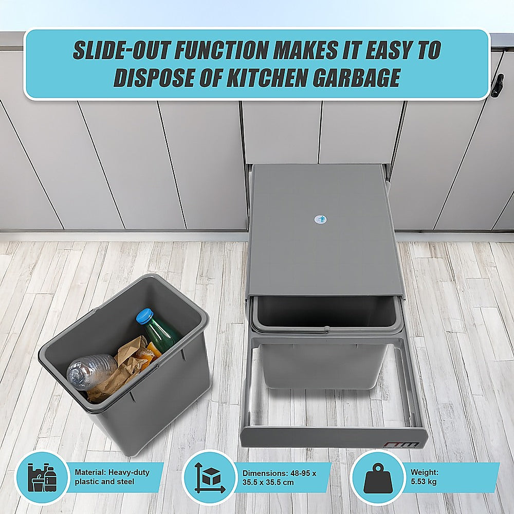2X 15L Pull Out Trash Bin - Dual Kitchen Garbage Waste Cabinet