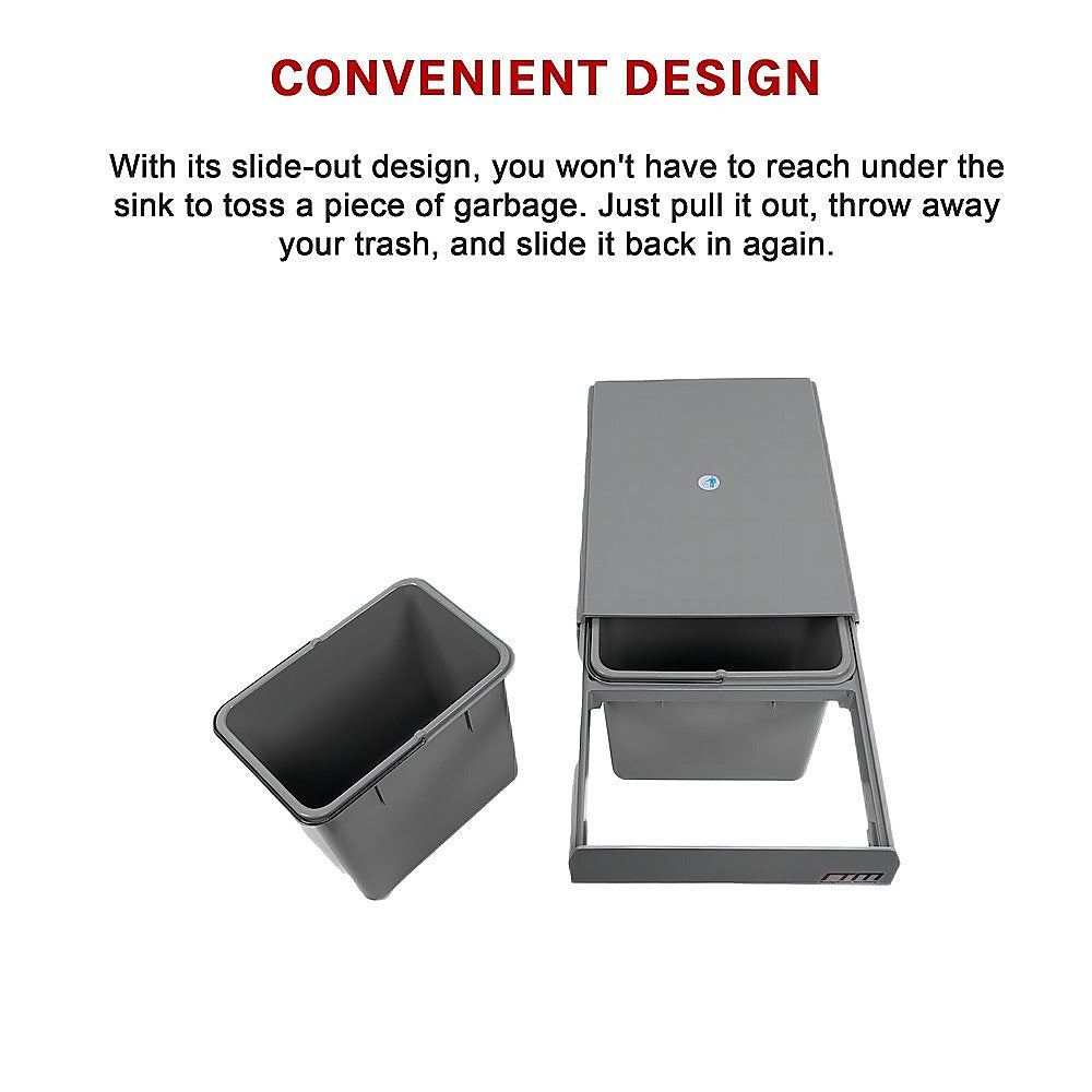 2X 15L Pull Out Trash Bin - Dual Kitchen Garbage Waste Cabinet