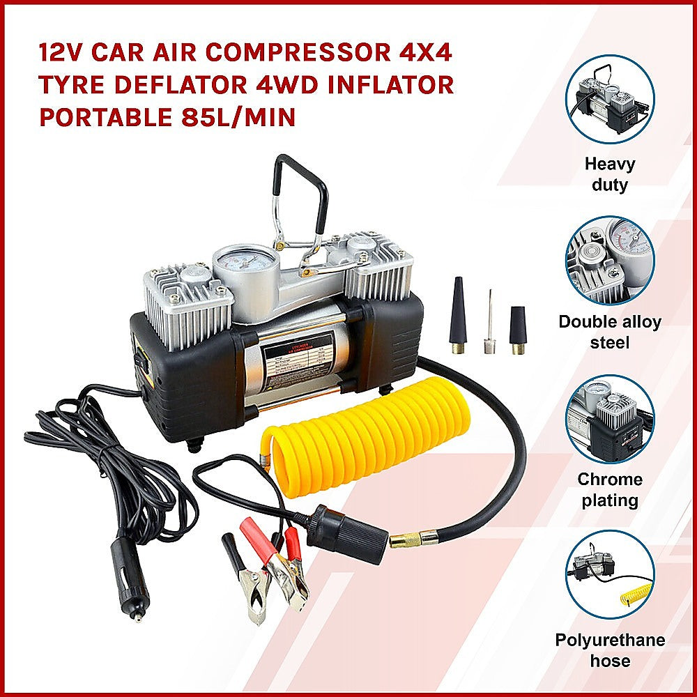 12V Car Air Compressor 4X4 Tyre Deflator 4Wd Inflator Portable 85L/Min