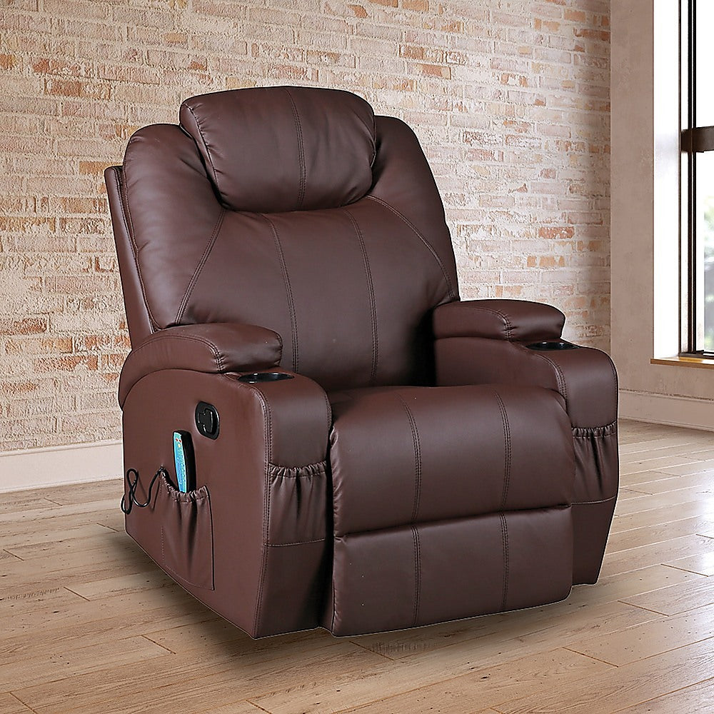 Brown Massage Sofa Chair Recliner Swivel Leather 8 Point Heated