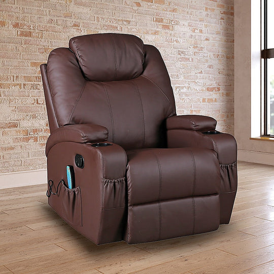Brown Massage Sofa Chair Recliner Swivel Leather 8 Point Heated | Brown colour