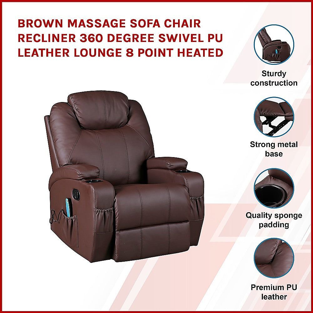 Brown Massage Sofa Chair Recliner Swivel Leather 8 Point Heated