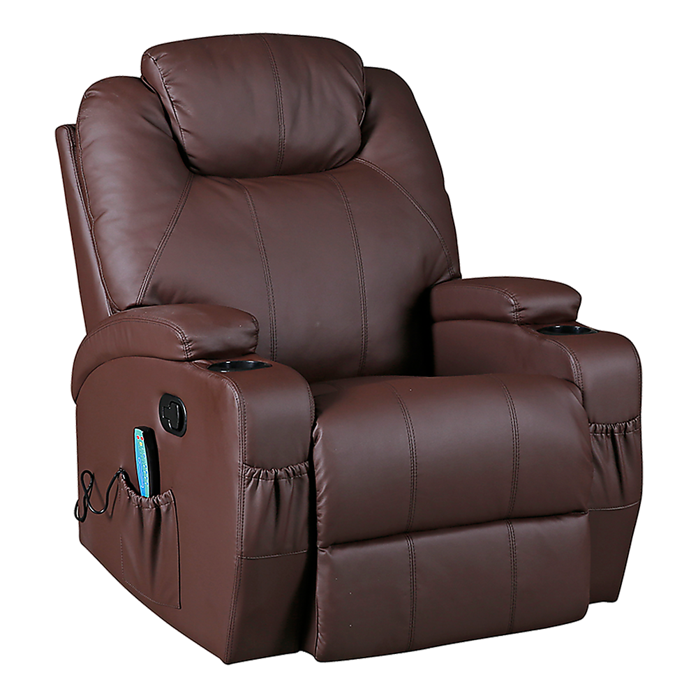 Brown Massage Sofa Chair Recliner Swivel Leather 8 Point Heated
