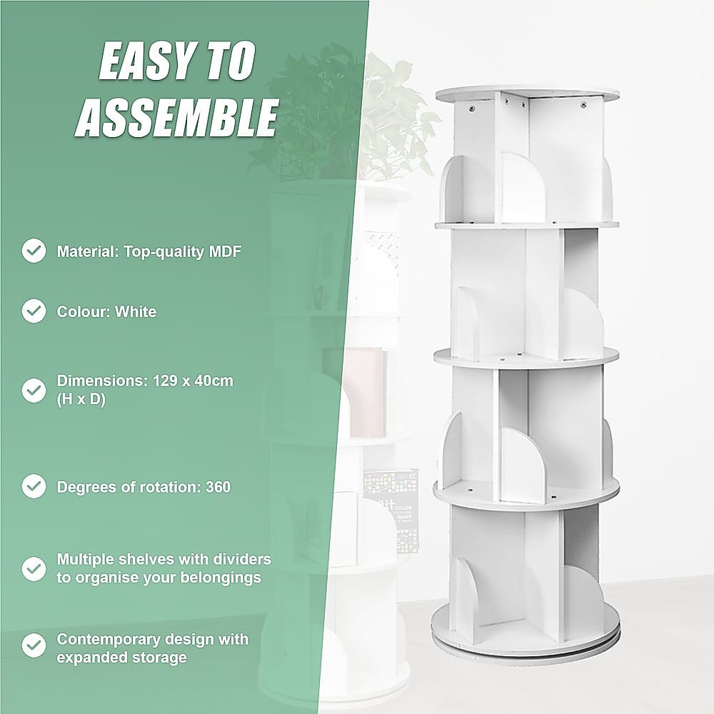 Rotating Bookcase Shelf White 129x40cm