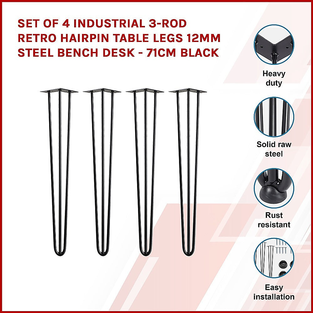 Set of 4 Industrial 3 - Rod Retro Hairpin Table Legs 71cm-White/Black