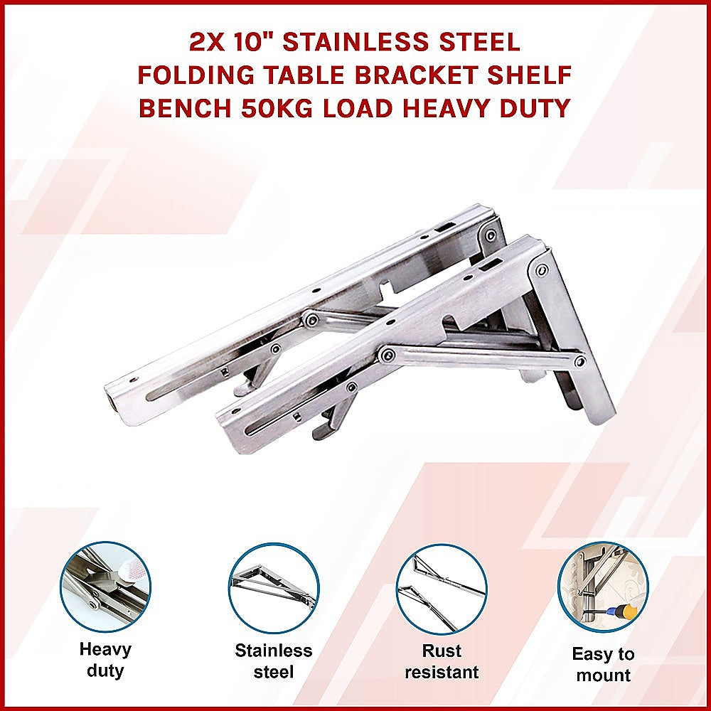 Heavy Duty Stainless Steel Folding Table Bracket (2X 10", 50Kg Load)