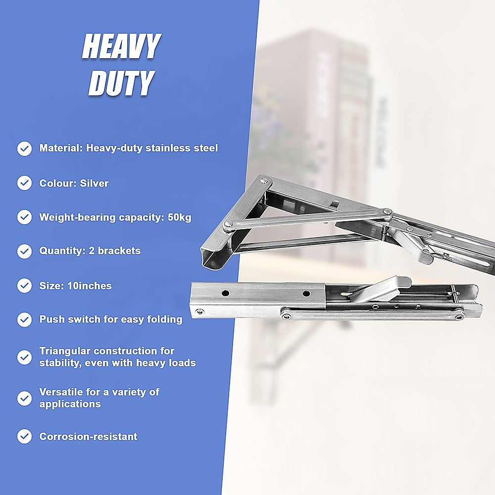 Heavy Duty Stainless Steel Folding Table Bracket (2X 10", 50Kg Load)