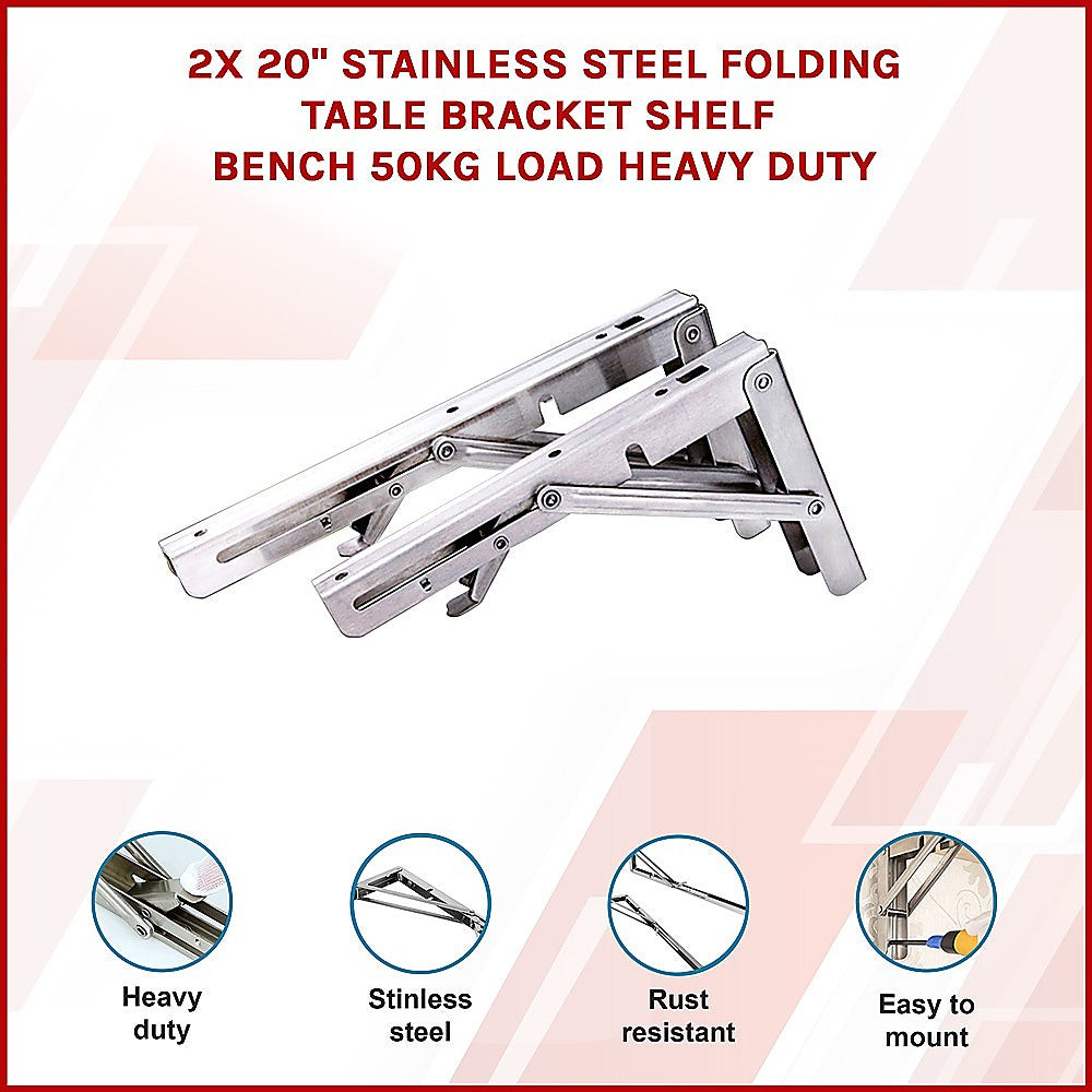 Heavy Duty Stainless Steel Folding Table Bracket (2X 20", 50Kg Load)