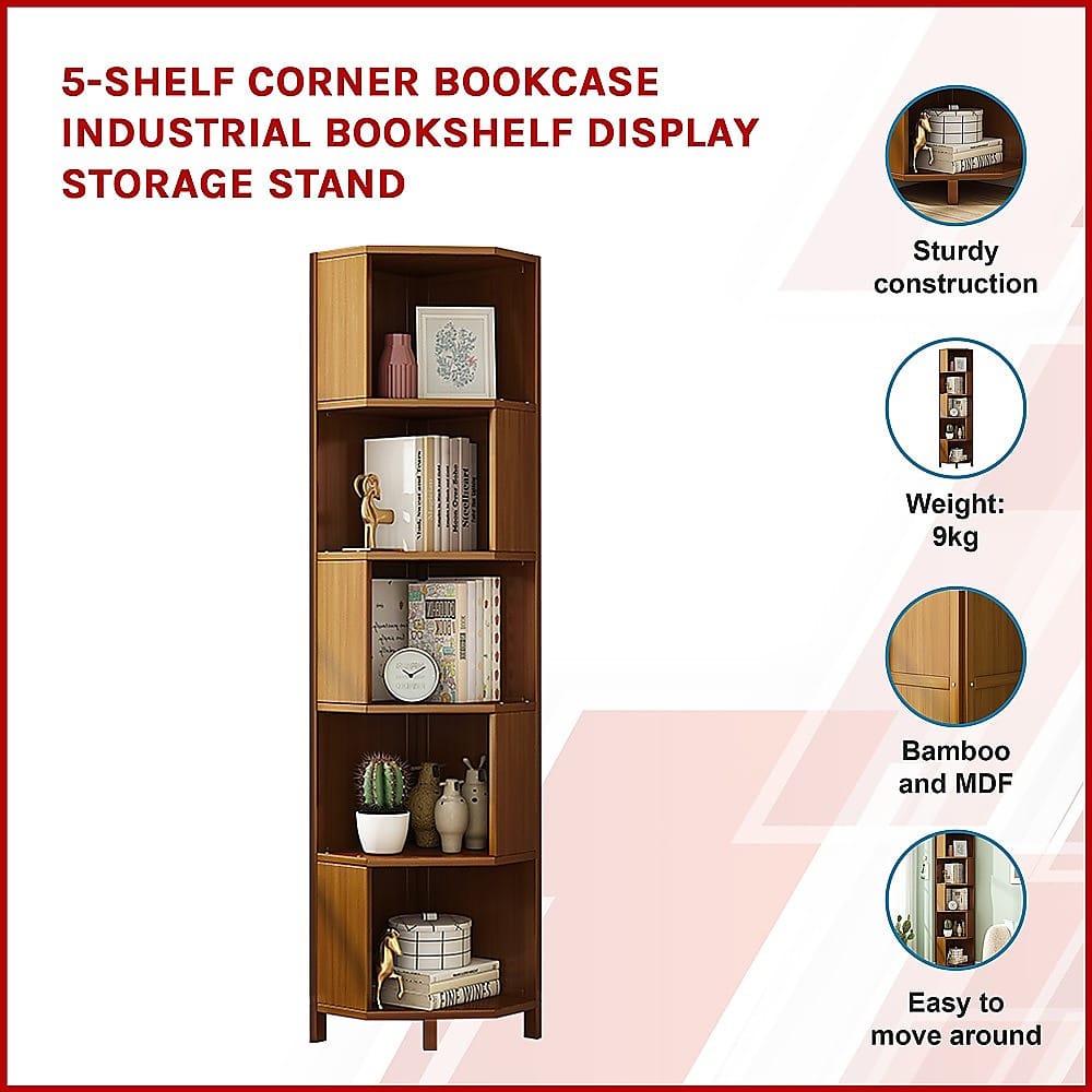 Corner Bookcase Industrial Bamboo 32x32x169cm