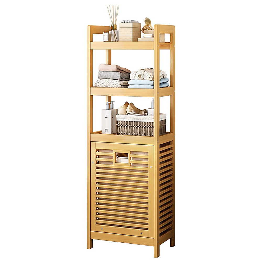 Bamboo 2-In-1 Laundry Hamper Side Table With Shelves