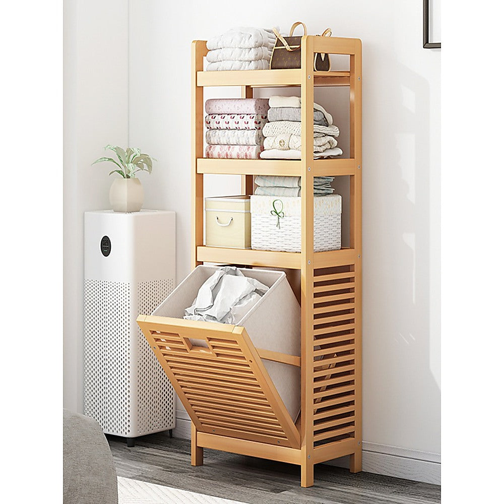 Bamboo 2-In-1 Laundry Hamper Side Table With Shelves