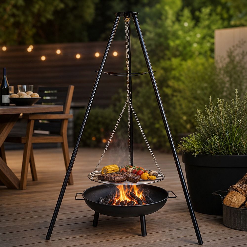 Tripod Garden Fire Pit BBQ – Cast Iron & Steel Round Outdoor Fire Bowl