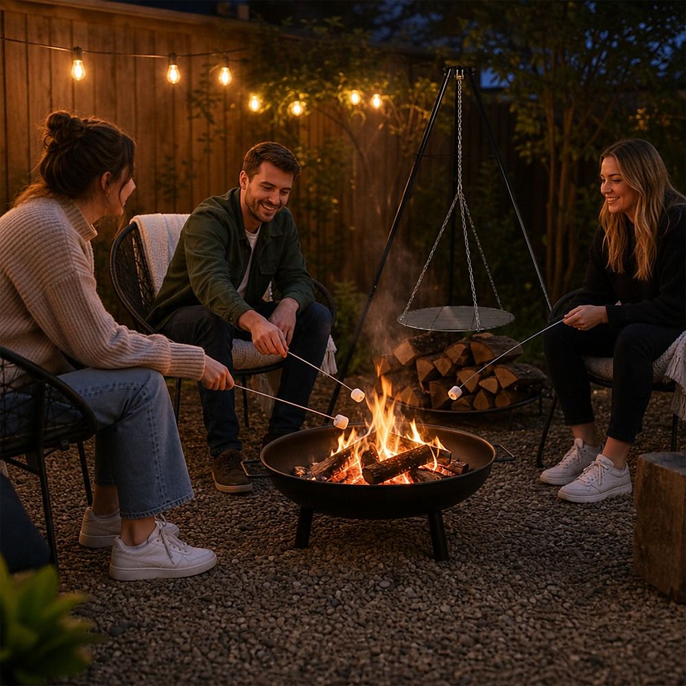 Tripod Garden Fire Pit BBQ – Cast Iron & Steel Round Outdoor Fire Bowl