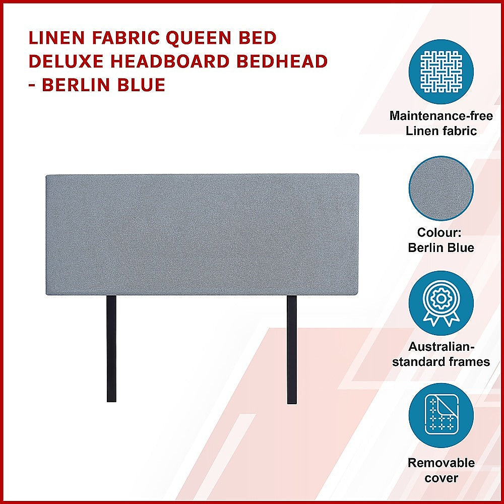 Blue colour - Linen Fabric Queen Bed Deluxe Headboard Bedhead - Berlin Blue