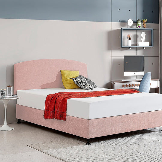 Headboards - Linen Fabric Queen Bed Curved Headboard Bedhead - Pale Pink