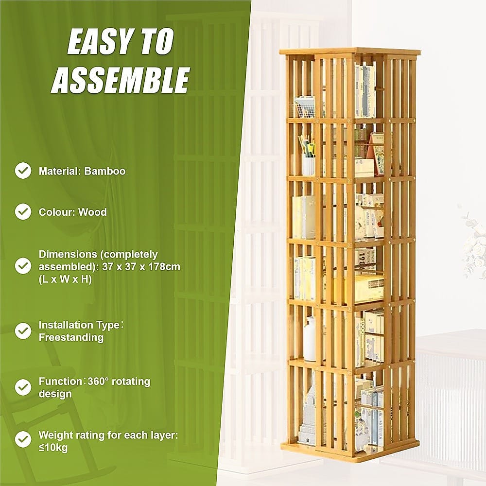 Rotating Bookshelf Bamboo Storage 37x37x178cm