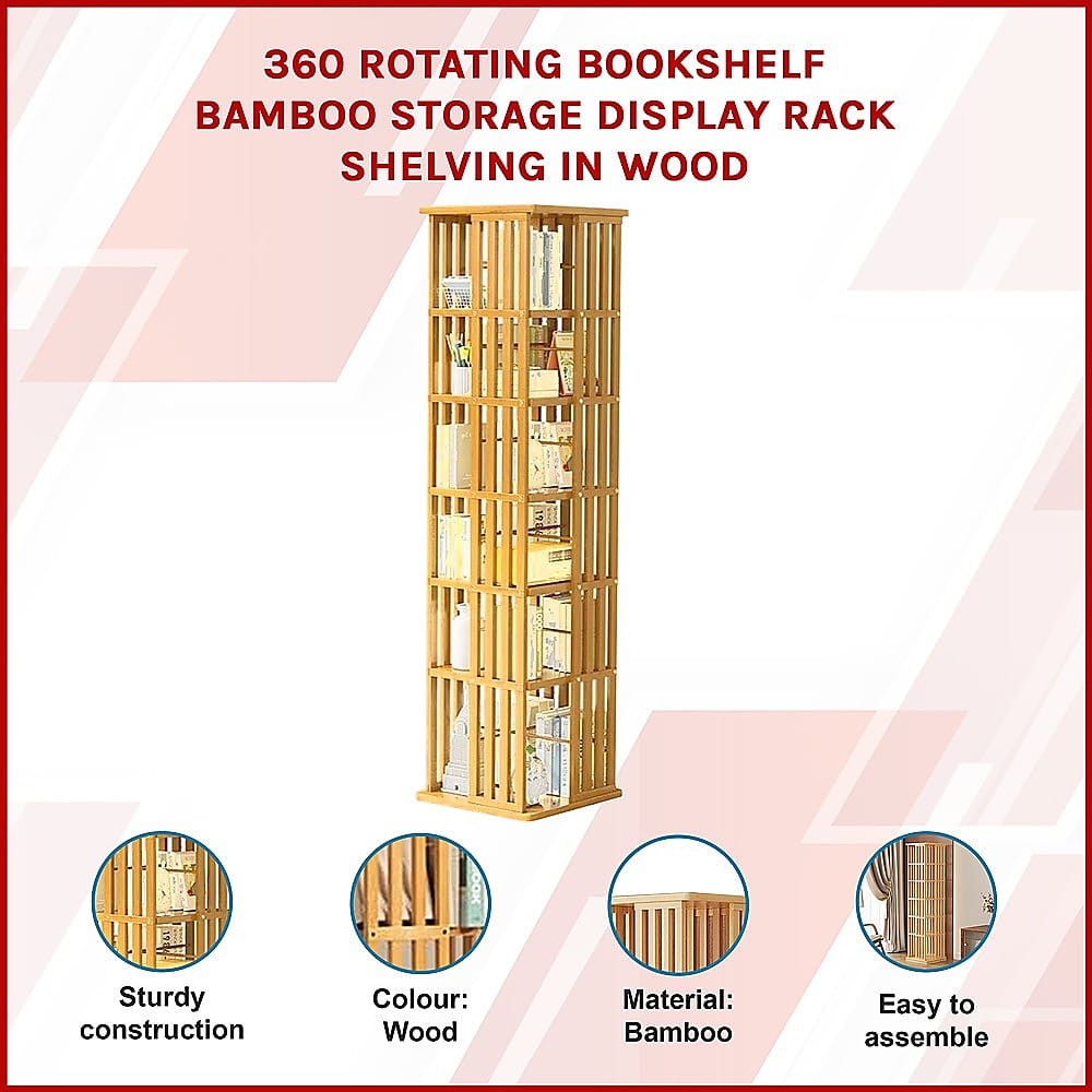 Rotating Bookshelf Bamboo Storage 37x37x178cm
