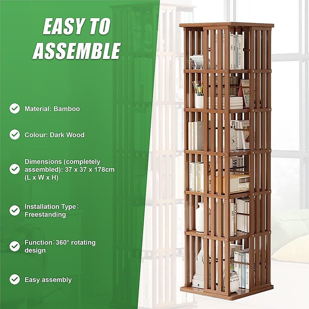 Bamboo Bookshelf Dark Wood Rotating 37x37x178cm