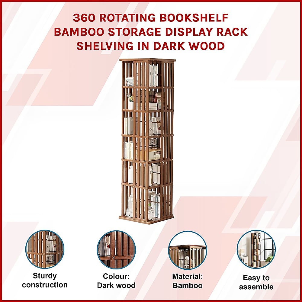 Bamboo Bookshelf Dark Wood Rotating 37x37x178cm