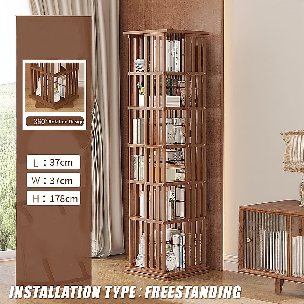 Bamboo Bookshelf Dark Wood Rotating 37x37x178cm