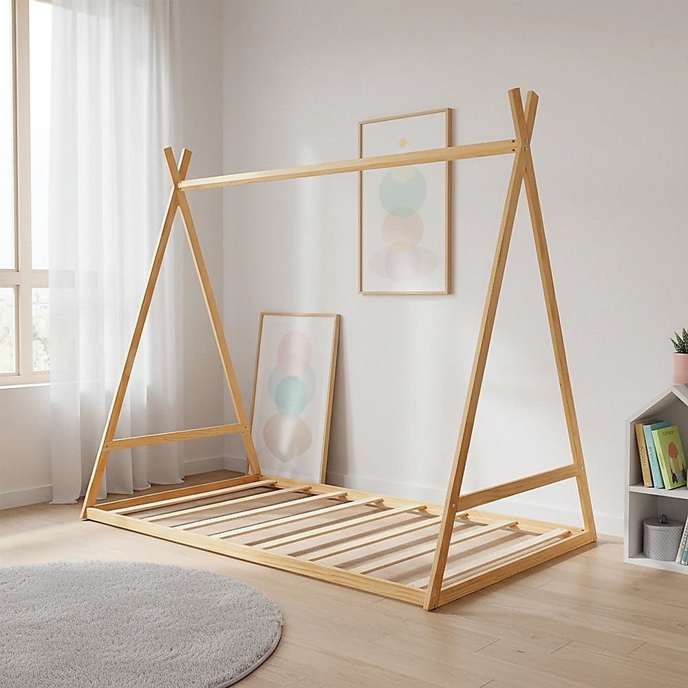 Montessori Kids Floor Bed With Wooden Frame And Toddler Tent - Wooden finish