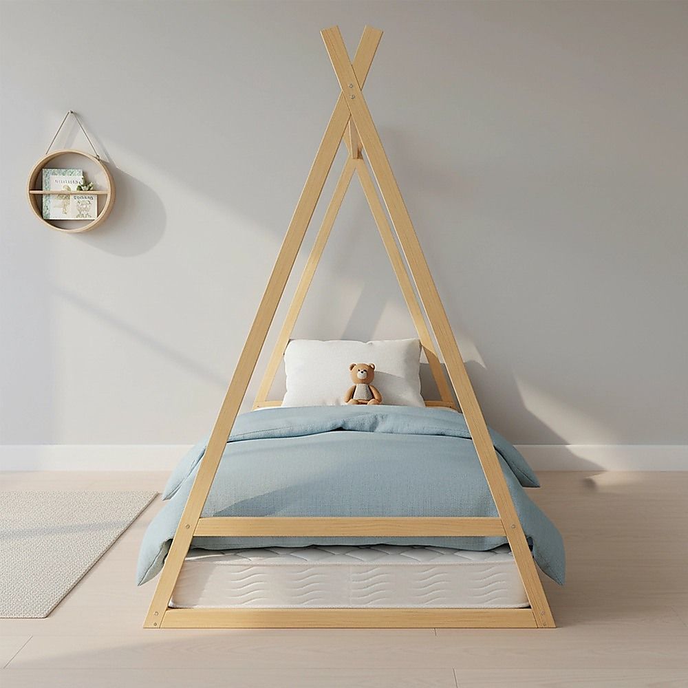 Wooden finish - Montessori Kids Floor Bed With Wooden Frame And Toddler Tent