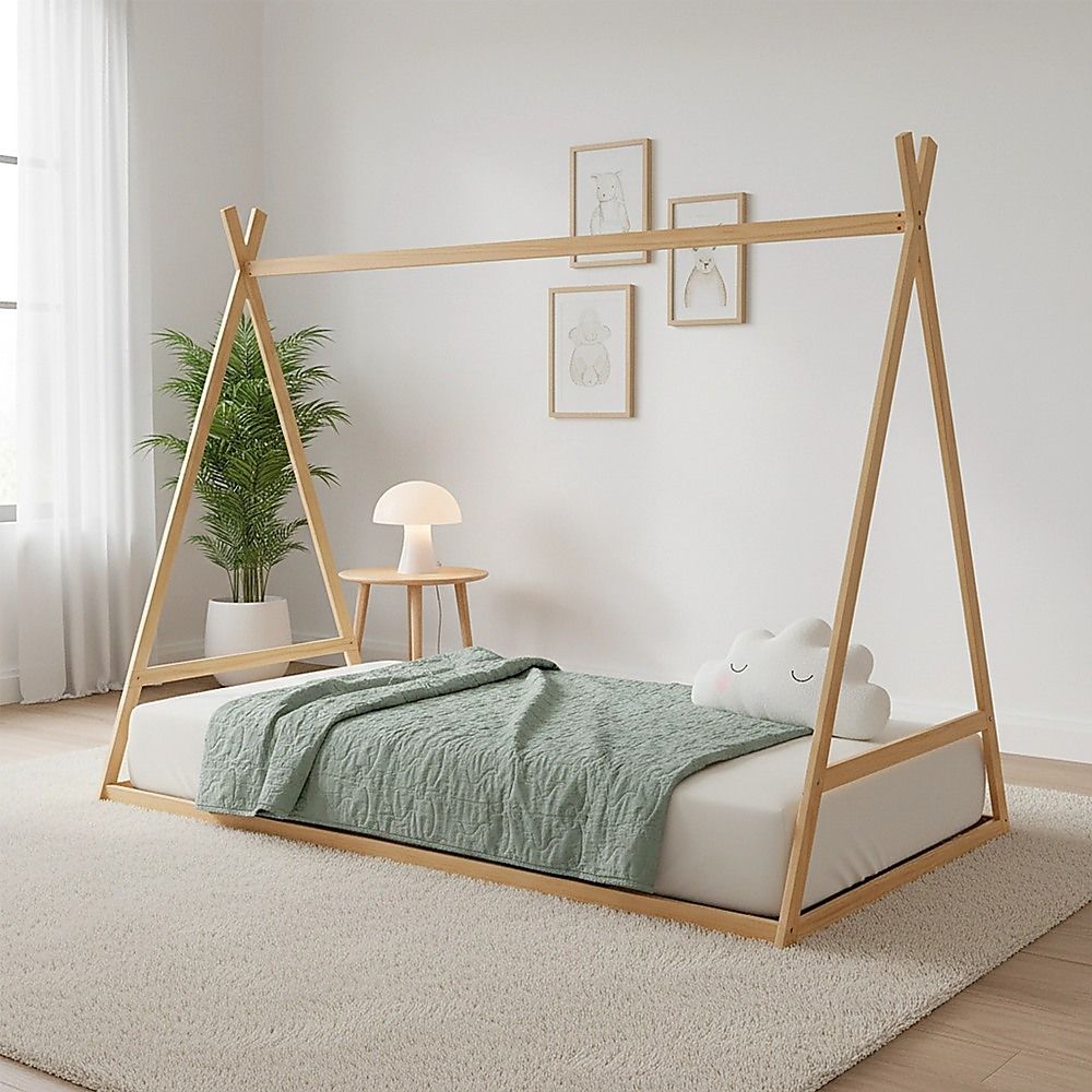 Montessori Kids Floor Bed With Wooden Frame And Toddler Tent