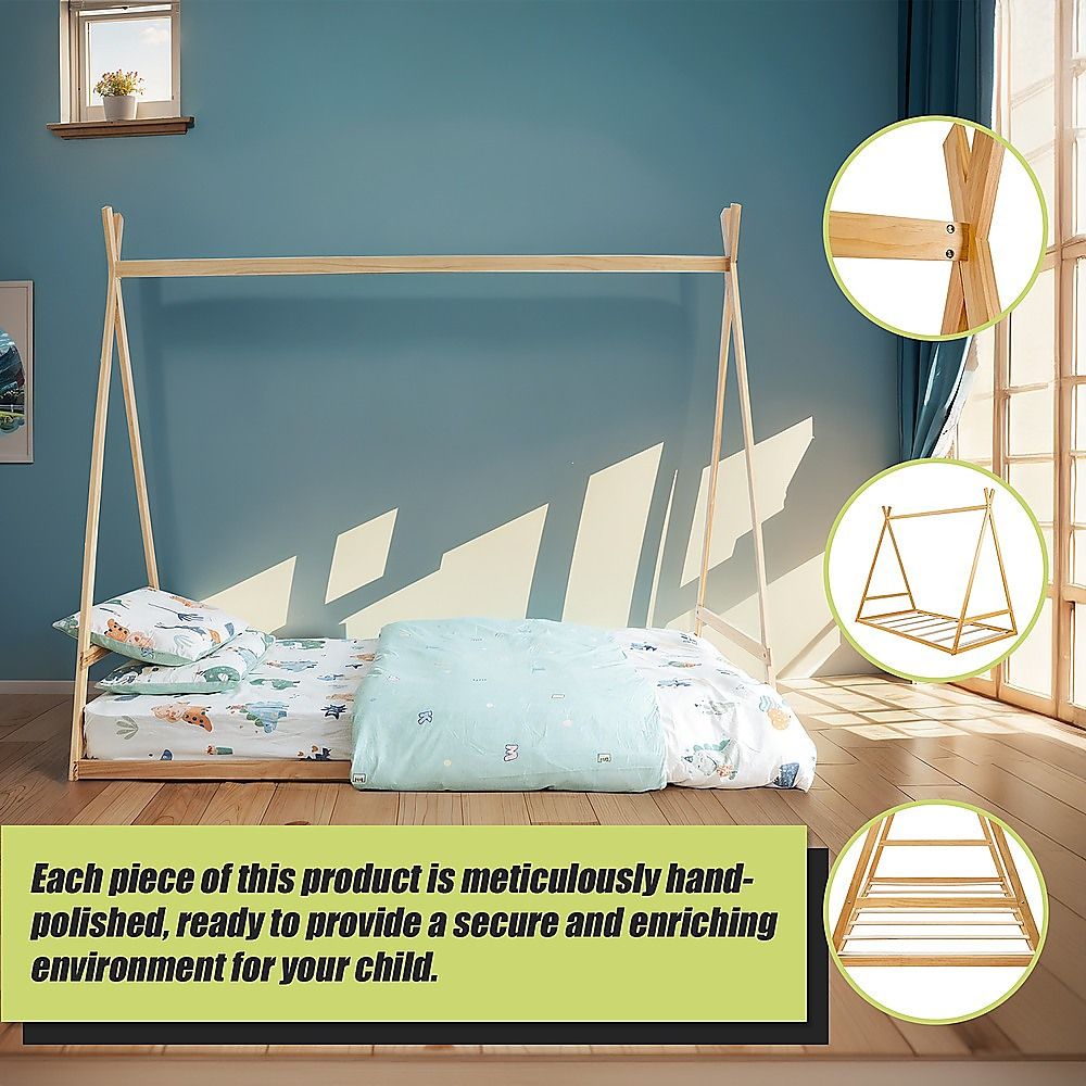 Montessori Kids Floor Bed With Wooden Frame And Toddler Tent, Wooden finish
