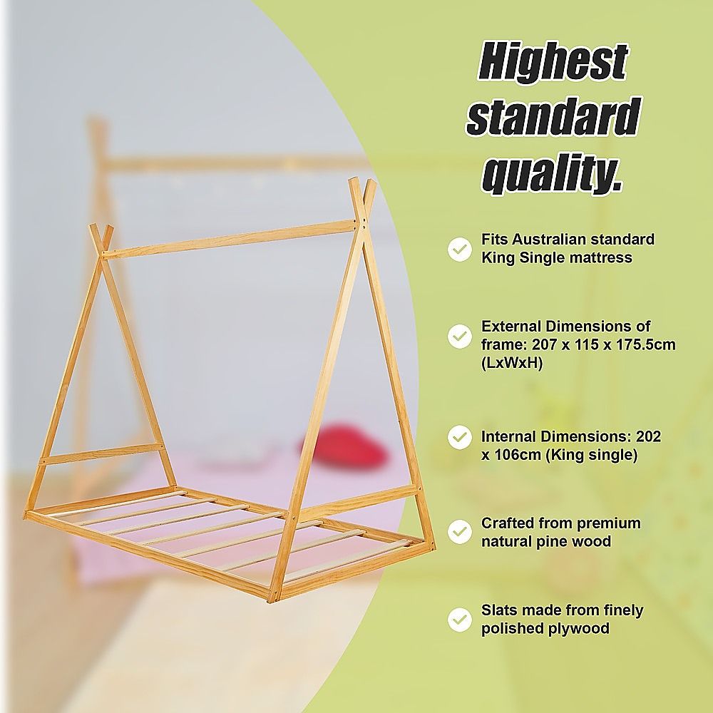 Montessori Kids Floor Bed With Wooden Frame And Toddler Tent with Bedframe Slat Support