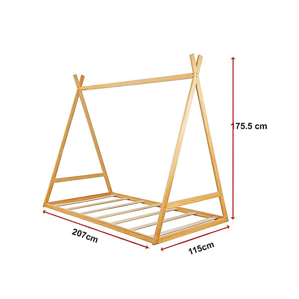 Montessori Kids Floor Bed With Wooden Frame And Toddler Tent with Wooden finish