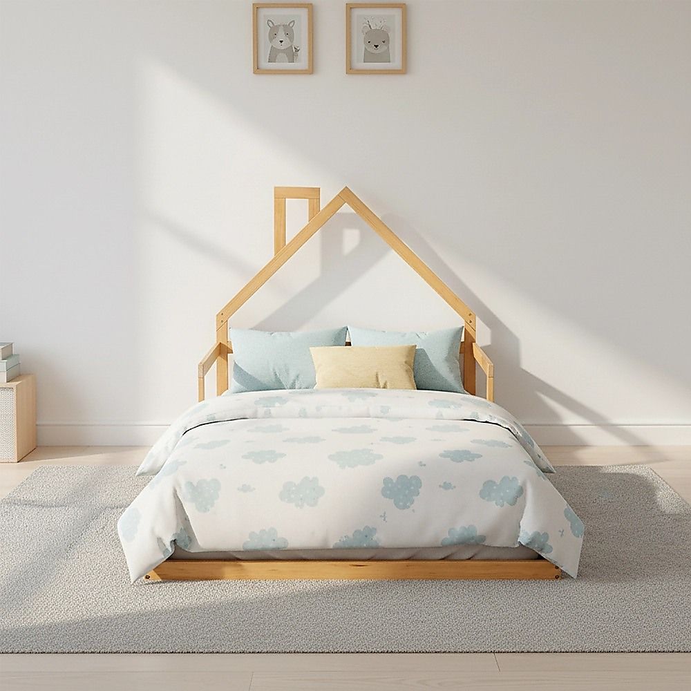 Pine Wood Floor Bed House Frame For Kids And Toddlers Slat Support