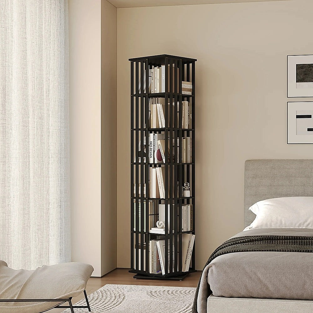 360 Rotating Bamboo Bookshelf 6-Tier Storage Display Rack Black