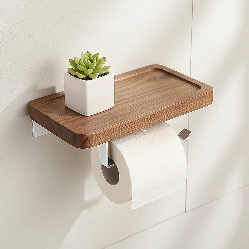 Walnut Toilet Paper Holder with Shelf Wall Mounted Bathroom Storage