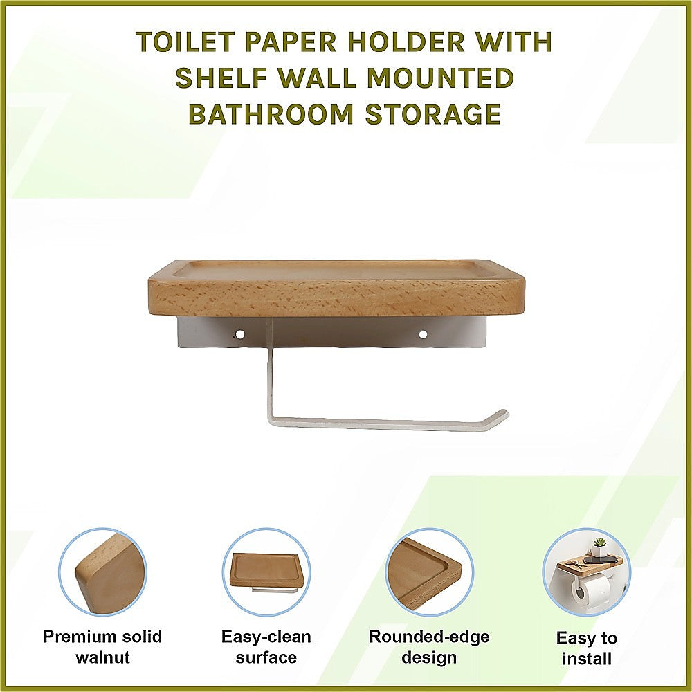 Walnut Toilet Paper Holder with Shelf Wall Mounted Bathroom Storage