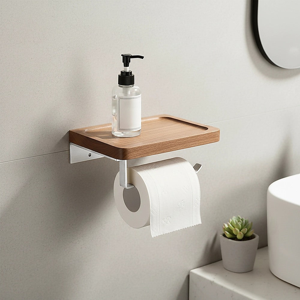 Walnut Toilet Paper Holder with Shelf Wall Mounted Bathroom Storage