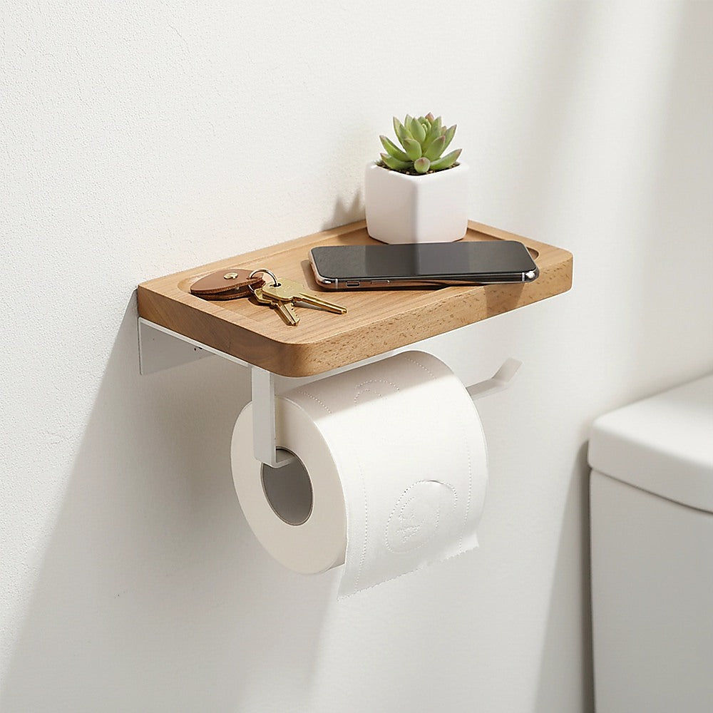 Walnut Toilet Paper Holder with Shelf Wall Mounted Bathroom Storage