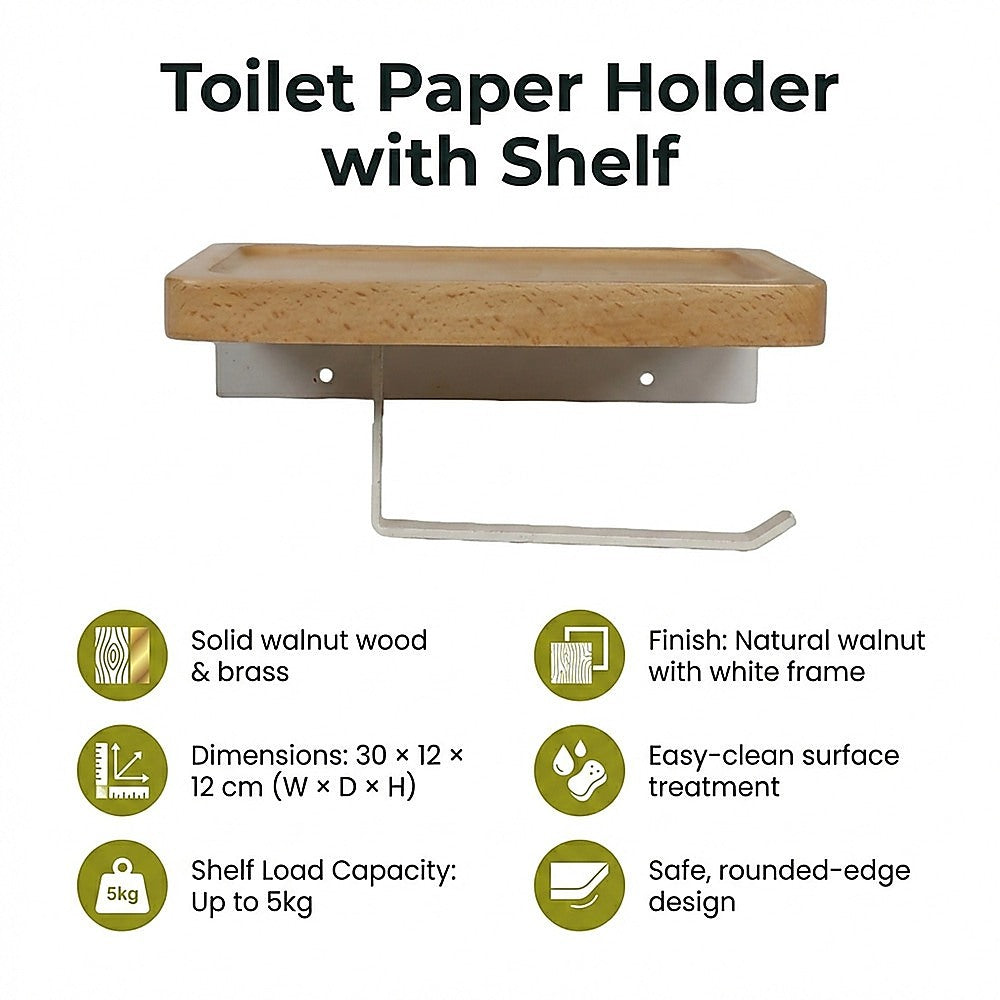 Walnut Toilet Paper Holder with Shelf Wall Mounted Bathroom Storage