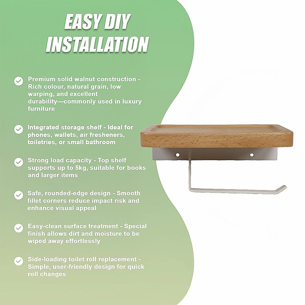 Walnut Toilet Paper Holder with Shelf Wall Mounted Bathroom Storage