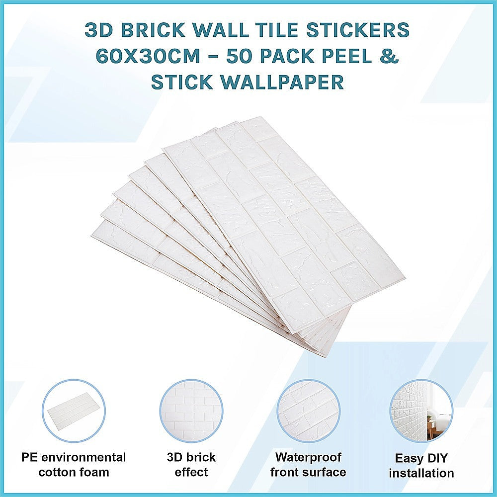 3D Brick Wall Stickers Peel Stick Foam Panels 60x30cm 50 Pack