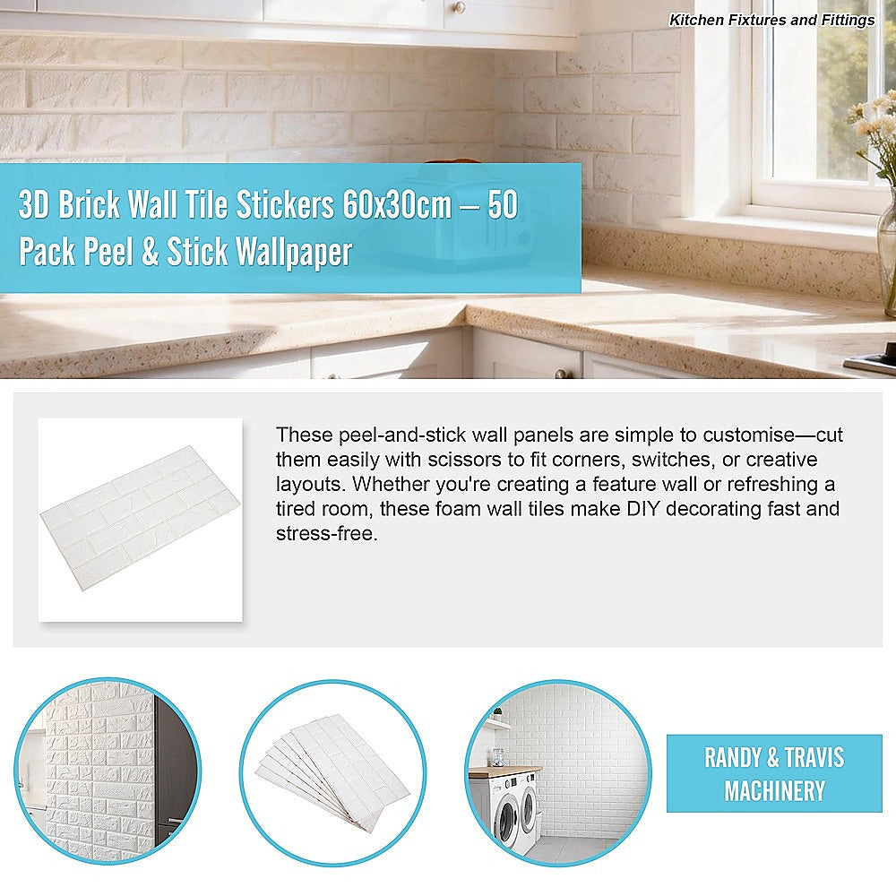3D Brick Wall Stickers Peel Stick Foam Panels 60x30cm 50 Pack