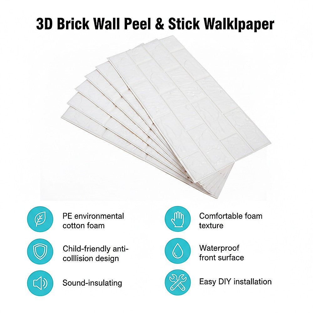 3D Brick Wall Stickers Peel Stick Foam Panels 60x30cm 50 Pack
