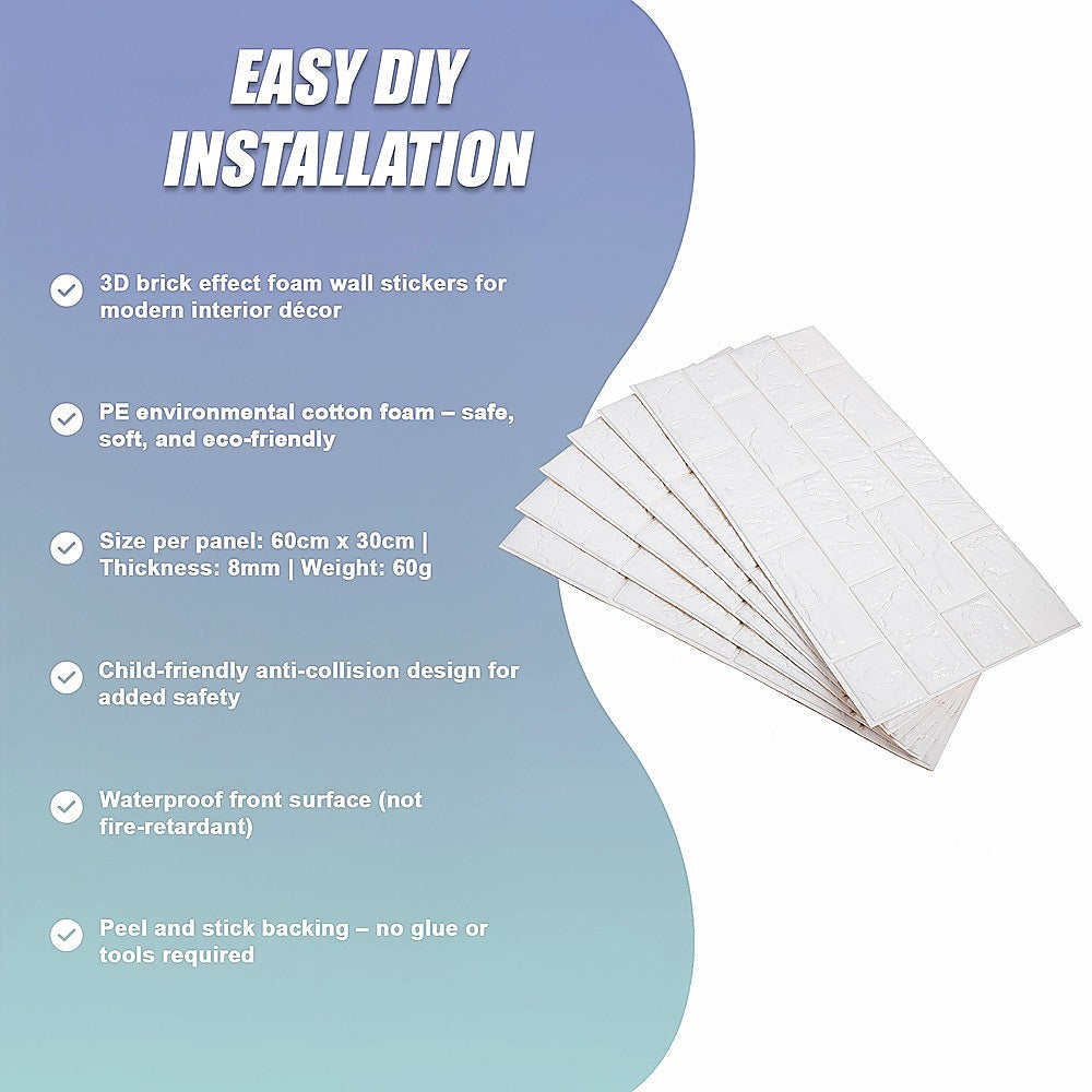3D Brick Wall Stickers Peel Stick Foam Panels 60x30cm 50 Pack