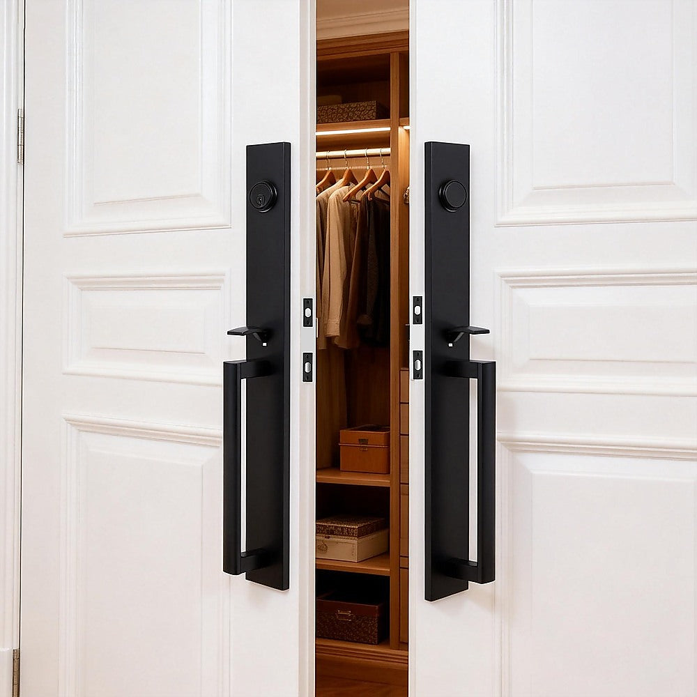 Matte Black Double Door Handle Set Front Entry Deadbolt Lock