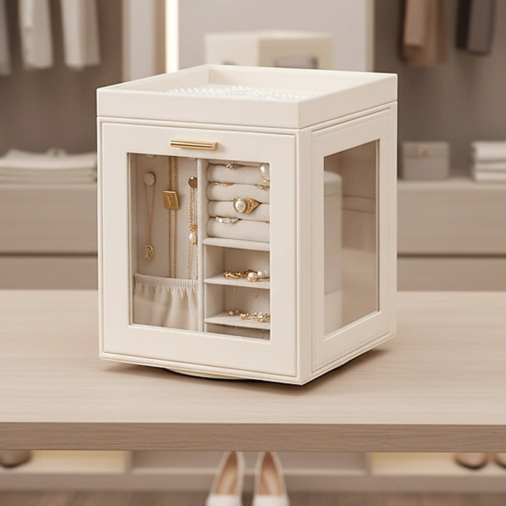 Rotating Jewellery Box with Mirror 360 Swivel Leather Velvet Organizer