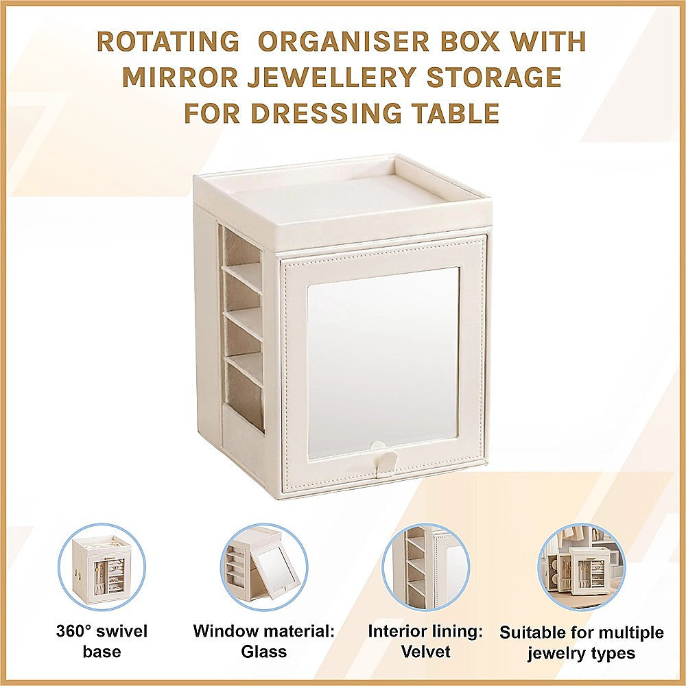 Rotating Jewellery Box with Mirror 360 Swivel Leather Velvet Organizer