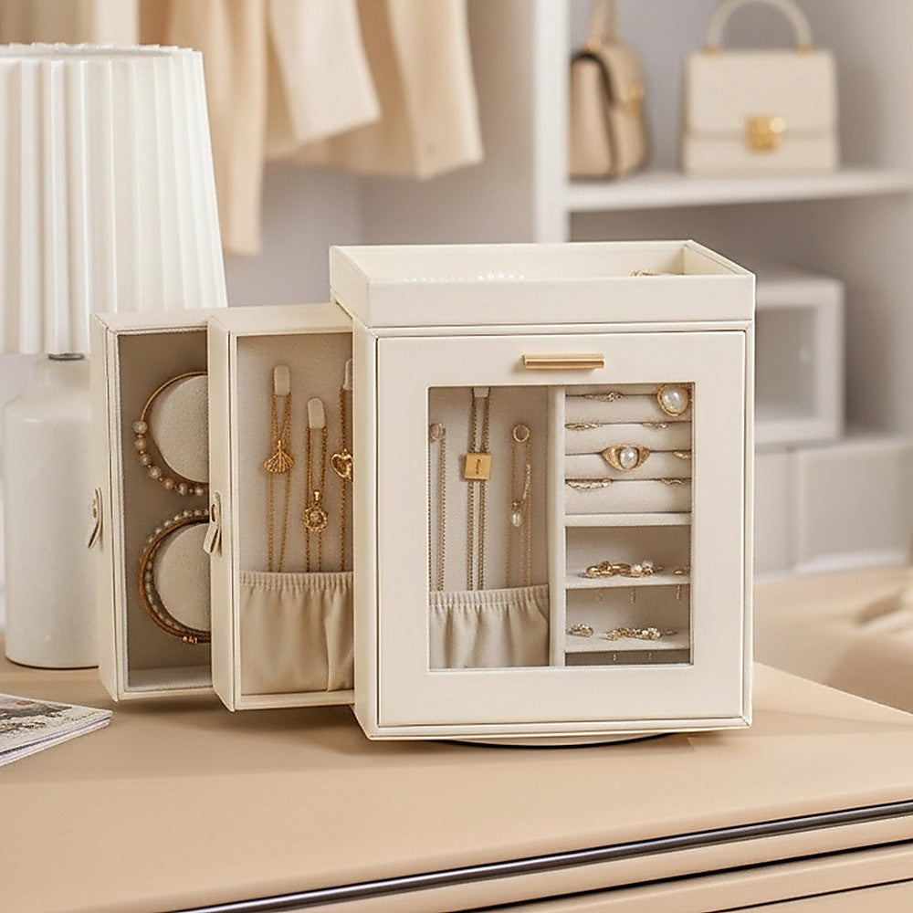 Rotating Jewellery Box with Mirror 360 Swivel Leather Velvet Organizer