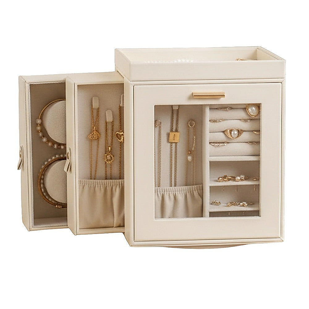 Rotating Jewellery Box with Mirror 360 Swivel Leather Velvet Organizer