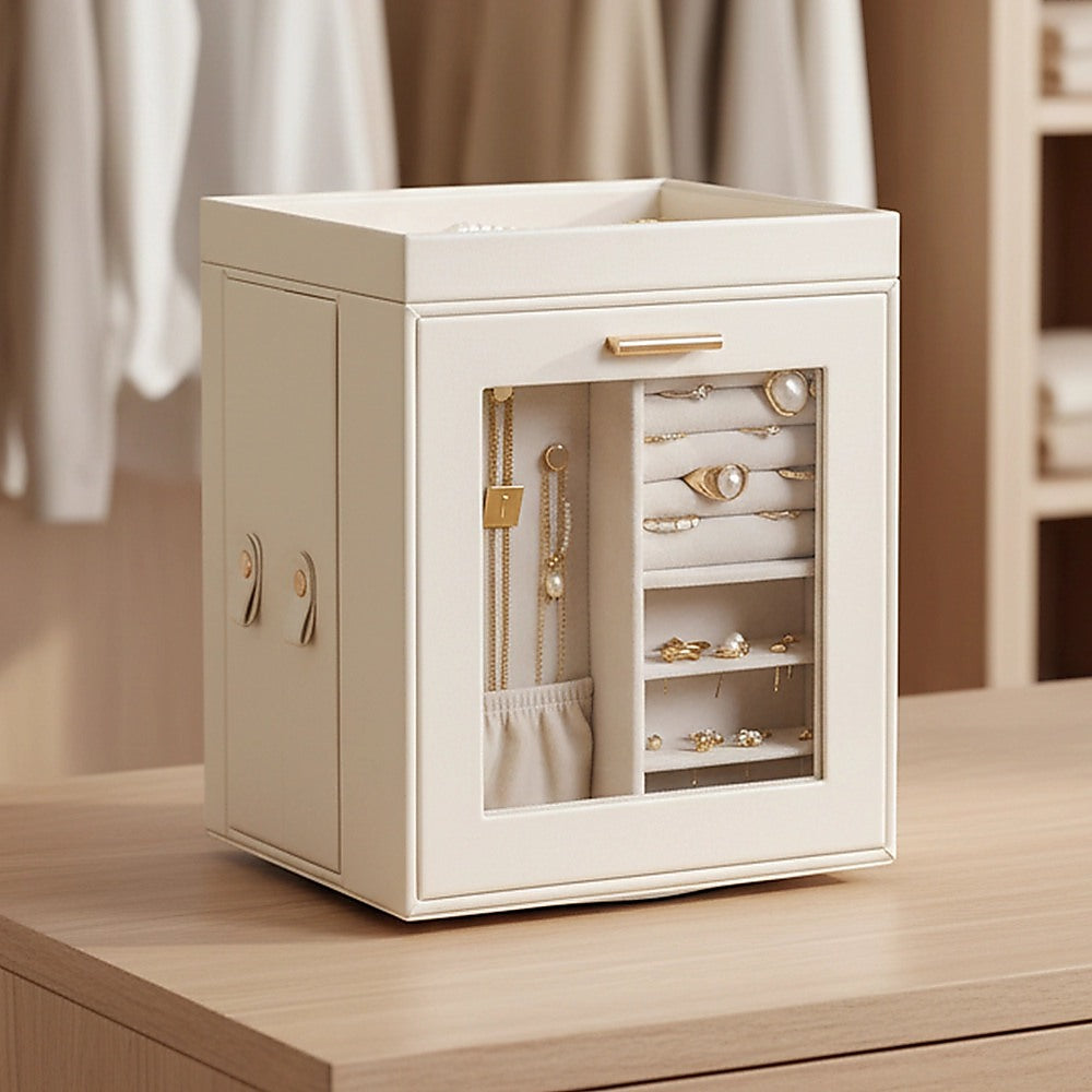 Rotating Jewellery Box with Mirror 360 Swivel Leather Velvet Organizer