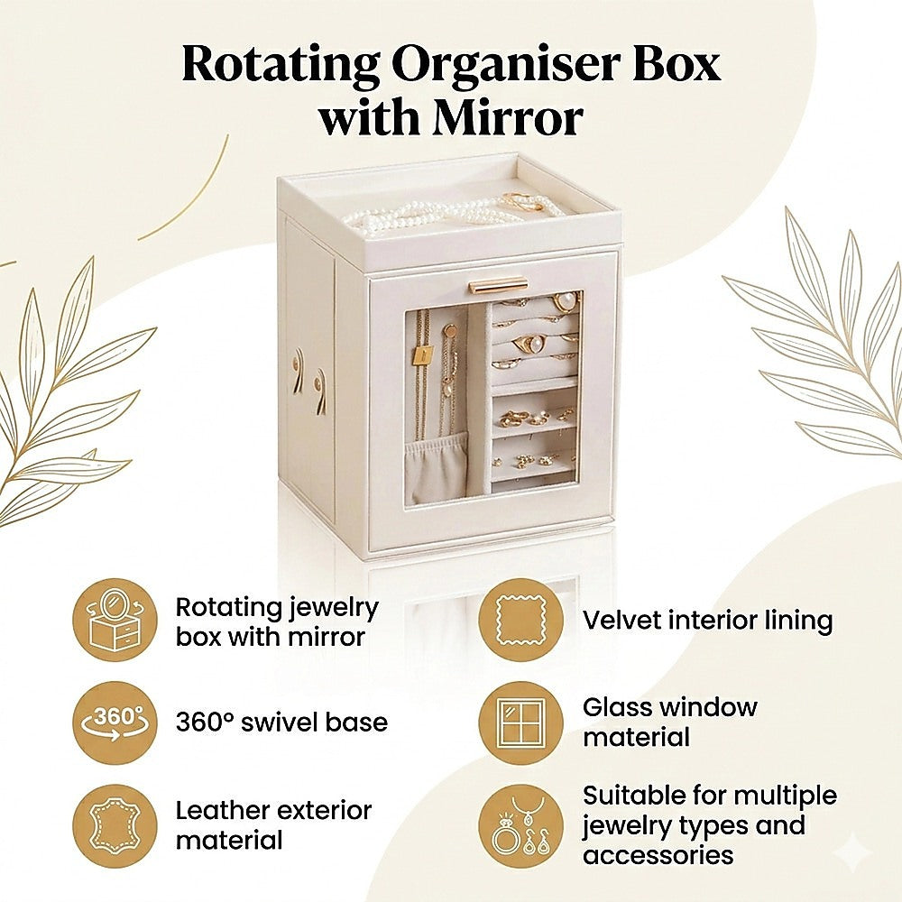 Rotating Jewellery Box with Mirror 360 Swivel Leather Velvet Organizer